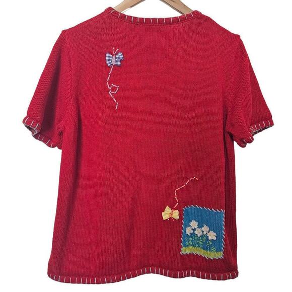 Vintage Granny Cardigan Women Large Shaver Lake Red Picnic Embroidered 3D Preppy - Picture 2 of 10